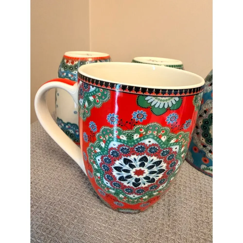 New Four Flanacom ceramic coffee mug featuring an oriental Boho design 10 OZ